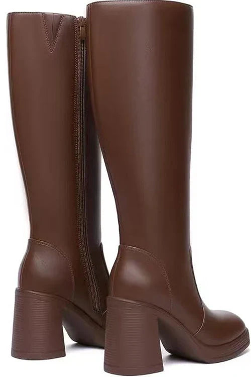 Boots For Women | Square Toe Chunky Block Side Zipper Knee-High Leather
