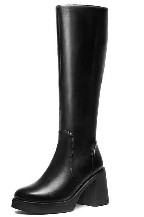 Boots For Women | Square Toe Chunky Block Side Zipper Knee-High Leather