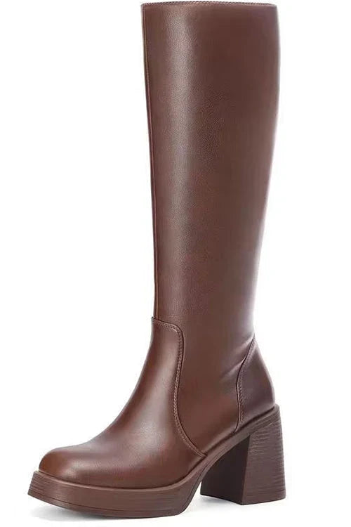Boots For Women | Square Toe Chunky Block Side Zipper Knee-High Leather