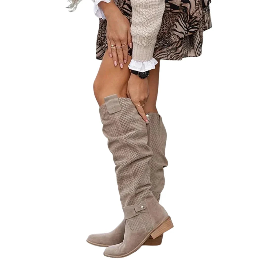 Boots For Women | Suede Perforated Knee-High Block Heel