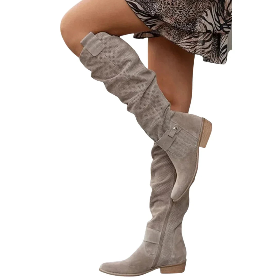 Boots For Women | Suede Perforated Knee-High Block Heel