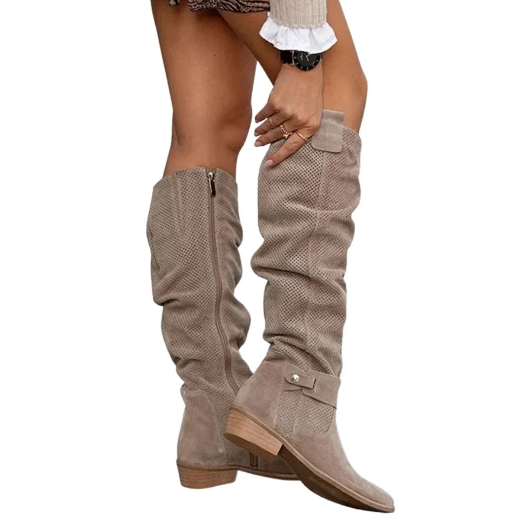 Boots For Women | Suede Perforated Knee-High Block Heel