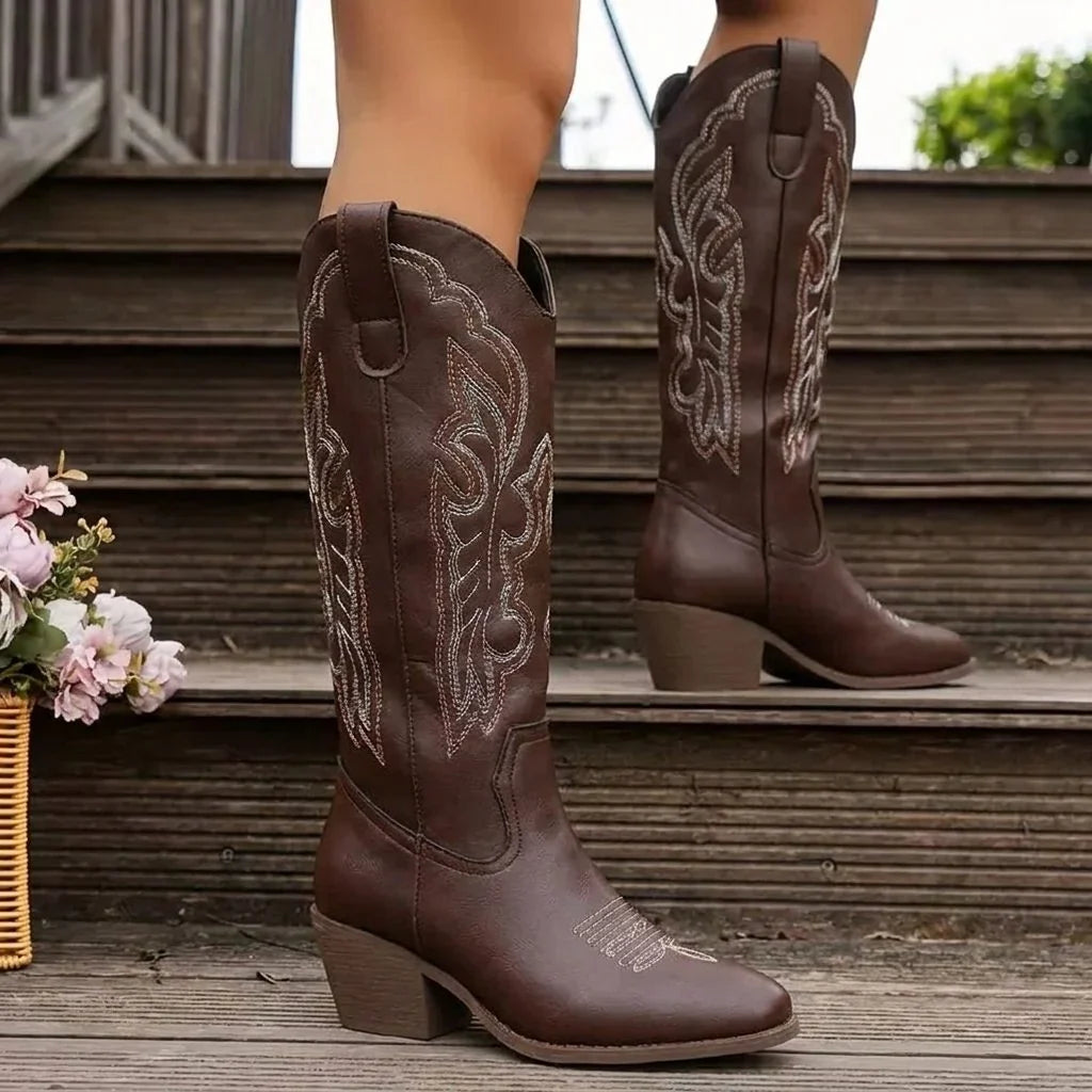 Knee High Western Boots - Block Heel Embroidered Women's