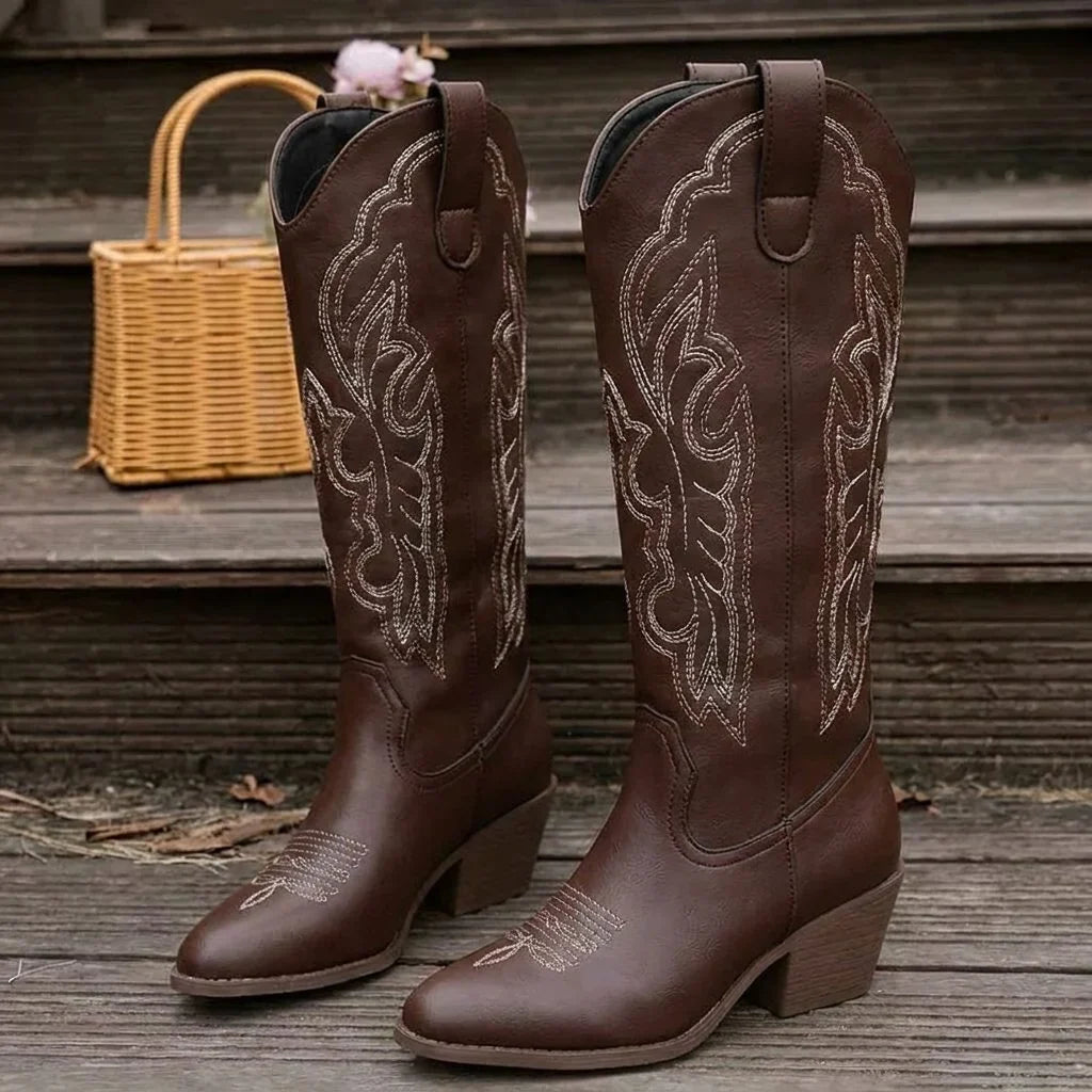 Knee High Western Boots - Block Heel Embroidered Women's