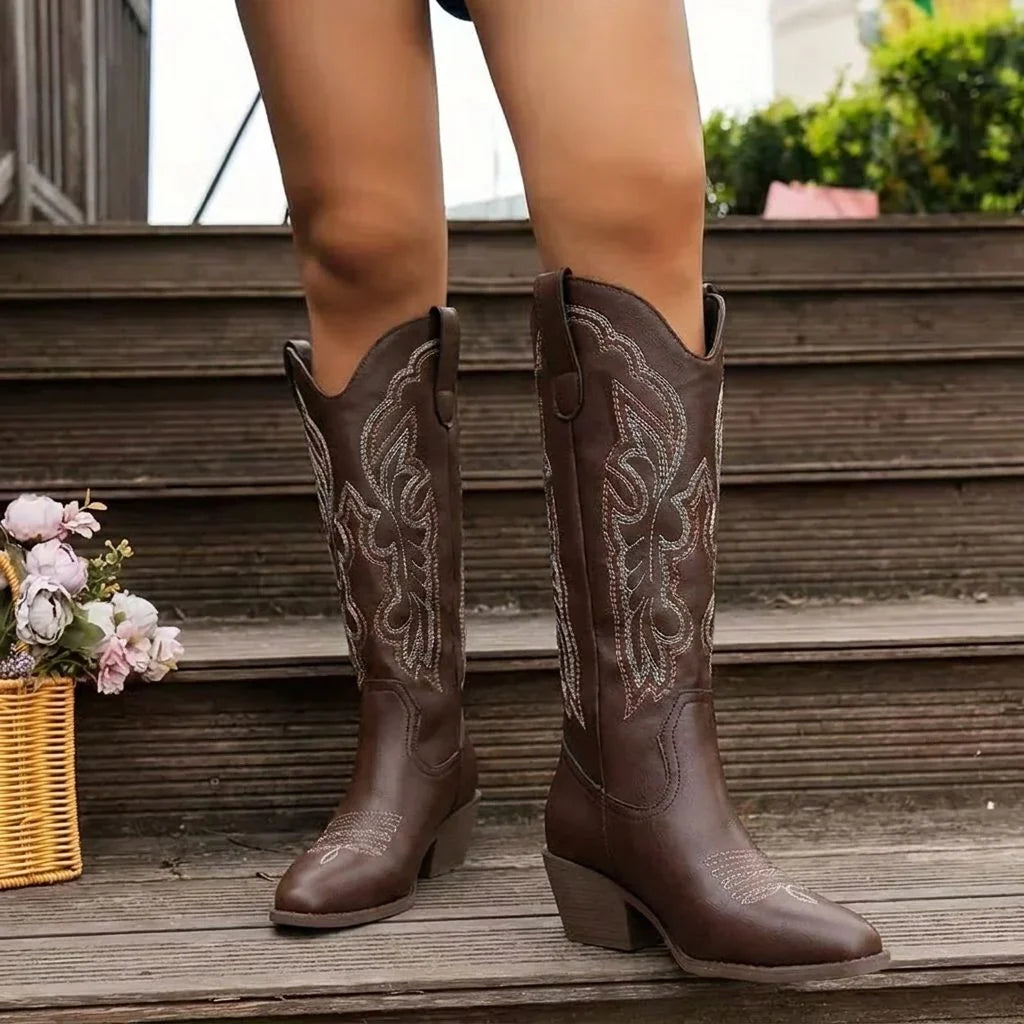 Knee High Western Boots - Block Heel Embroidered Women's