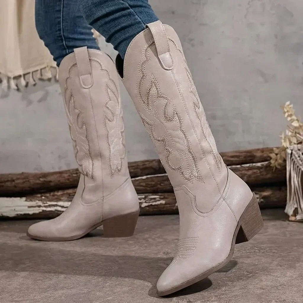 Knee High Western Boots - Block Heel Embroidered Women's