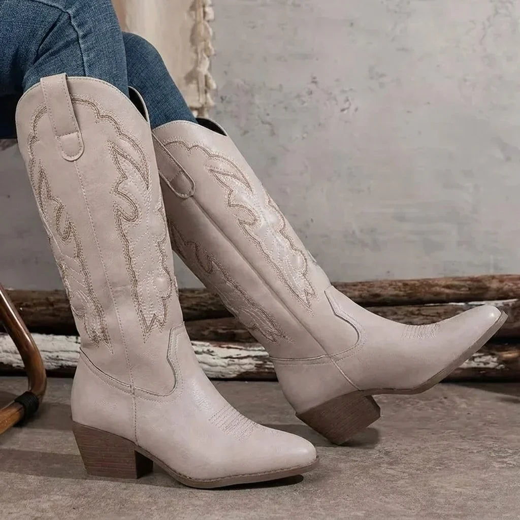 Knee High Western Boots - Block Heel Embroidered Women's