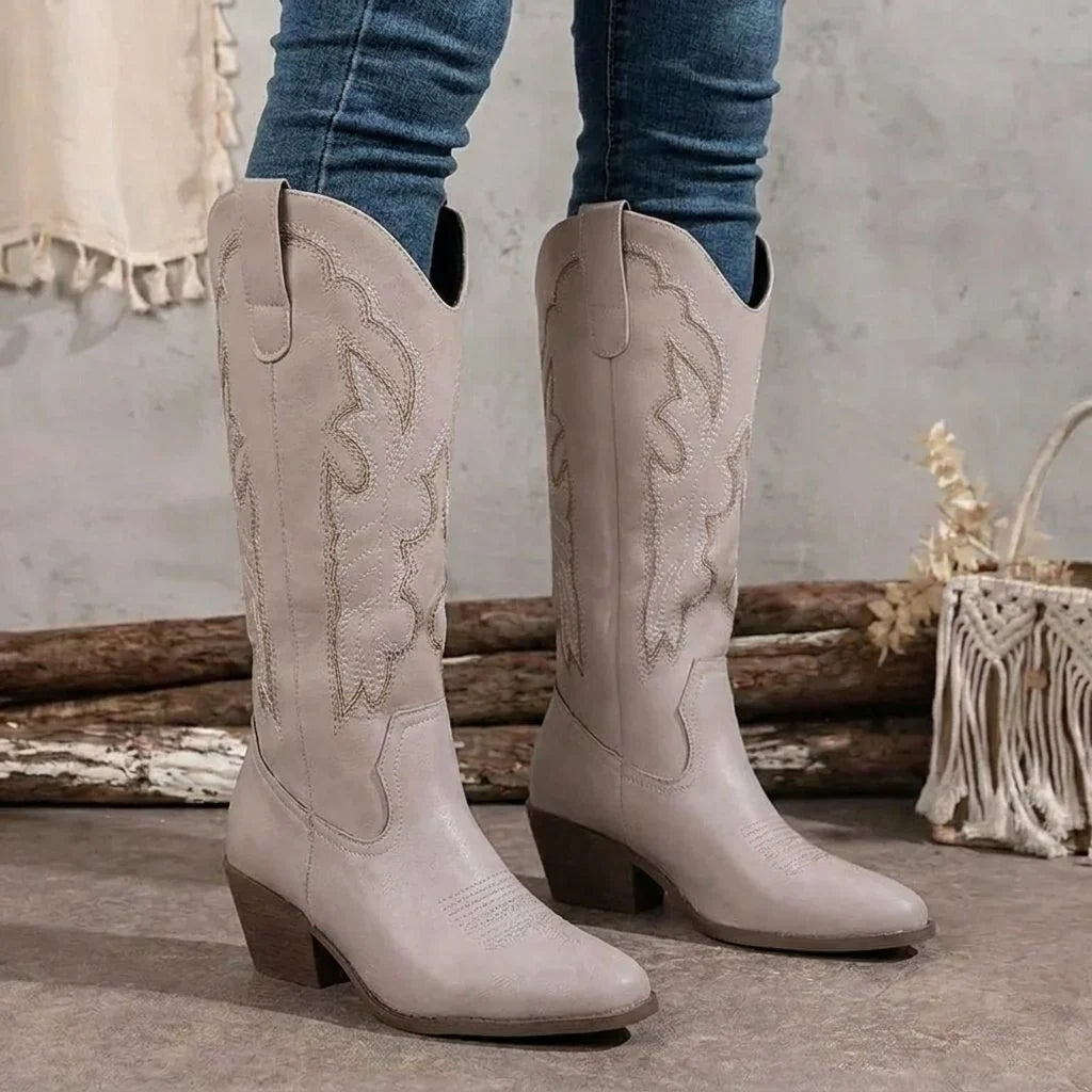 Knee High Western Boots - Block Heel Embroidered Women's