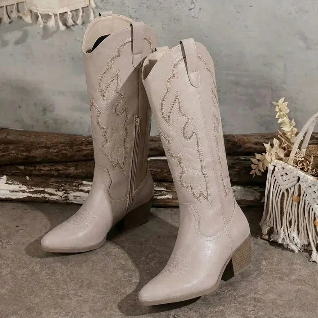 Knee High Western Boots - Block Heel Embroidered Women's