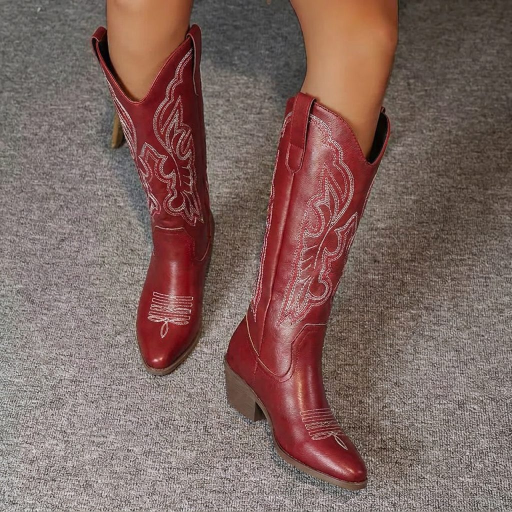 Knee High Western Boots - Block Heel Embroidered Women's