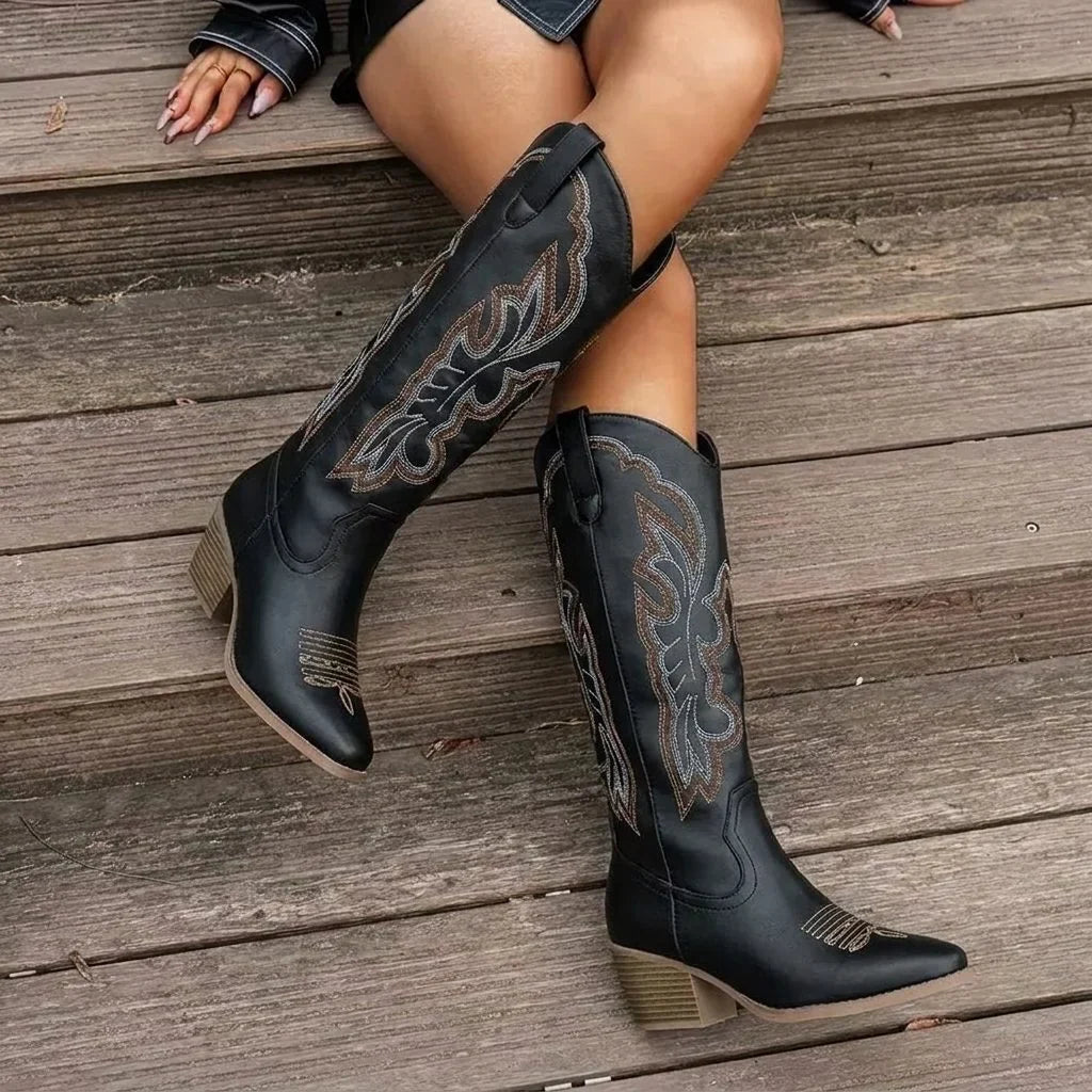 Knee High Western Boots - Block Heel Embroidered Women's