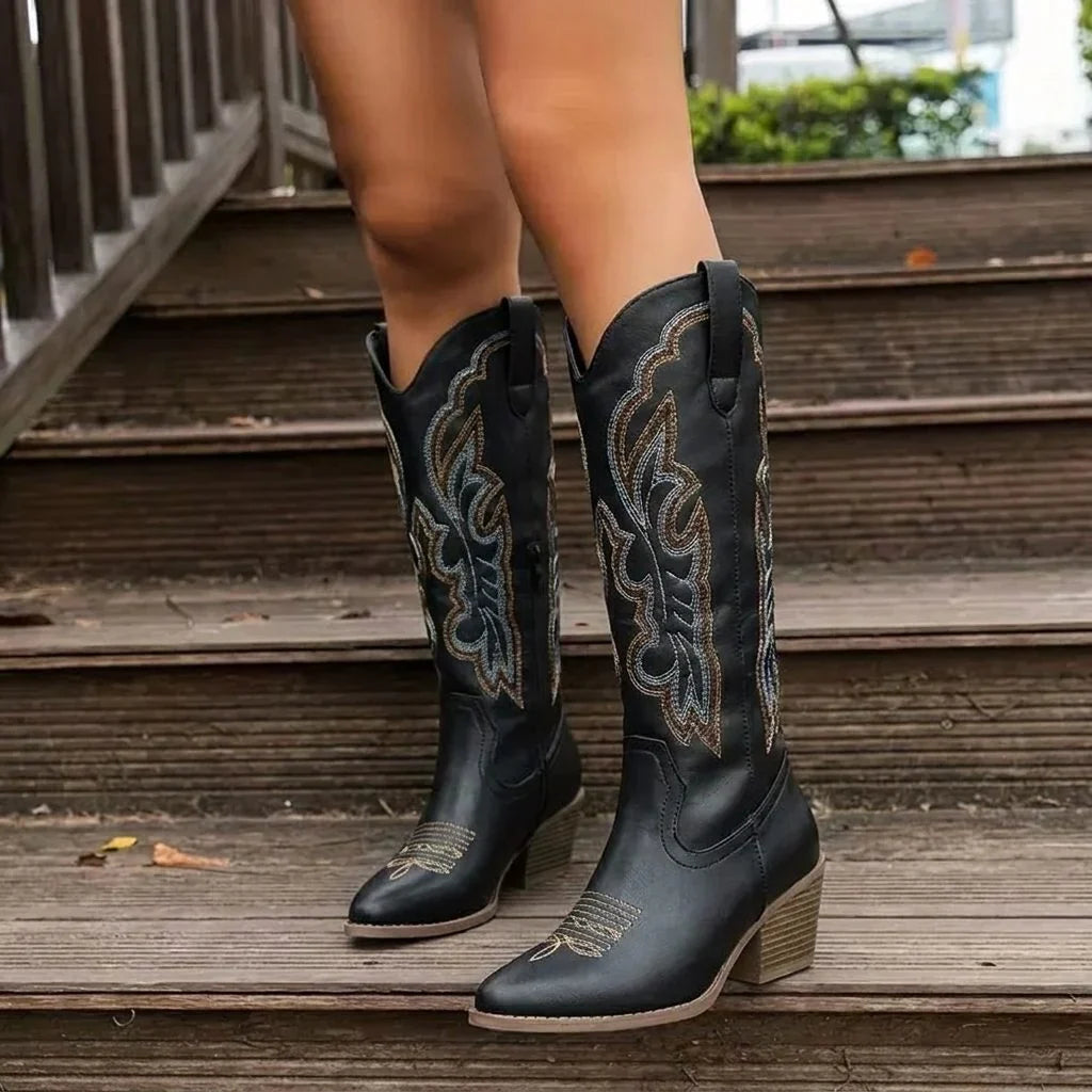 Knee High Western Boots - Block Heel Embroidered Women's