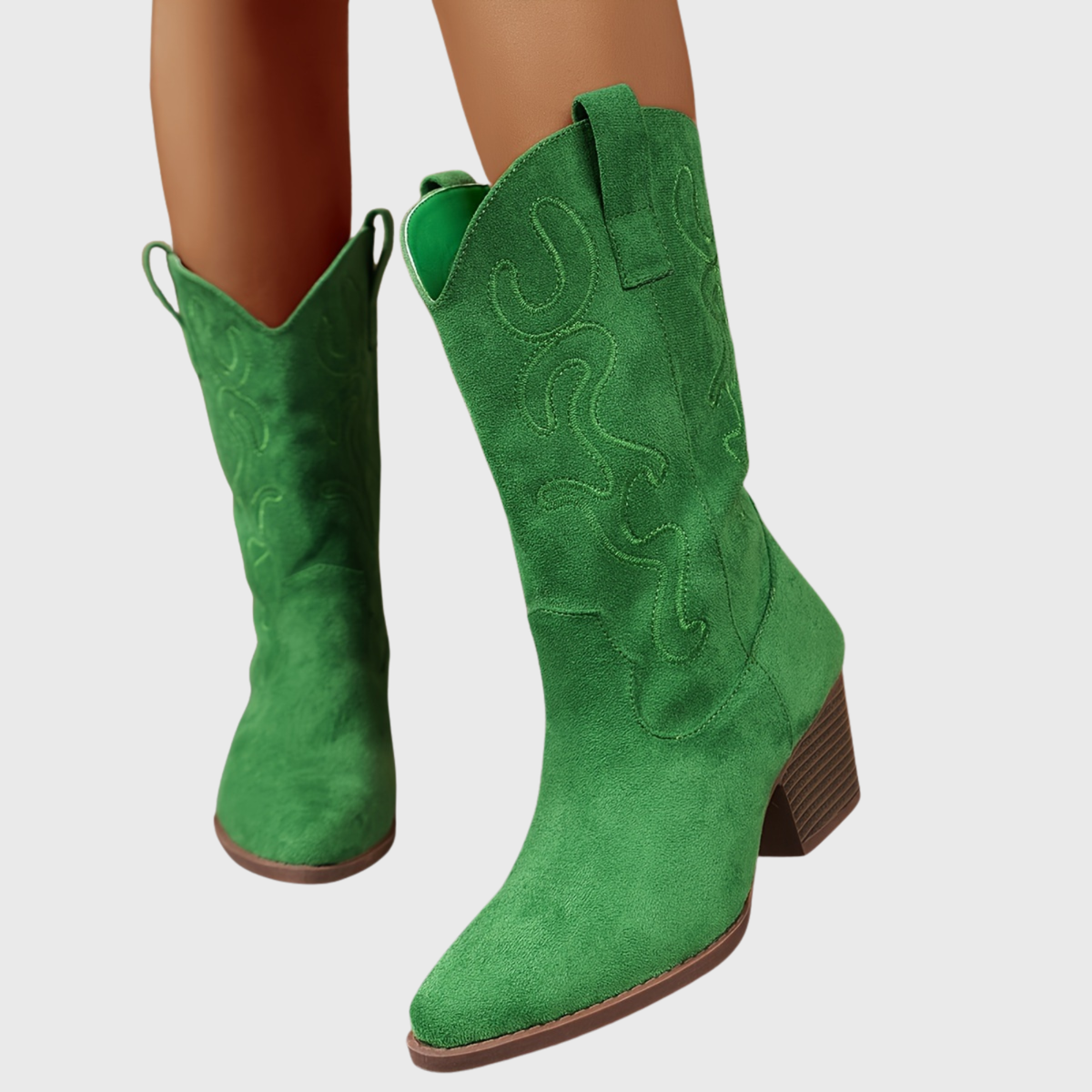 Women's Mid Calf Western Boots, Wide Shaft | Tonal Embroidery and Block Heel, Pull-On Loops | Size 5.5-10.5
