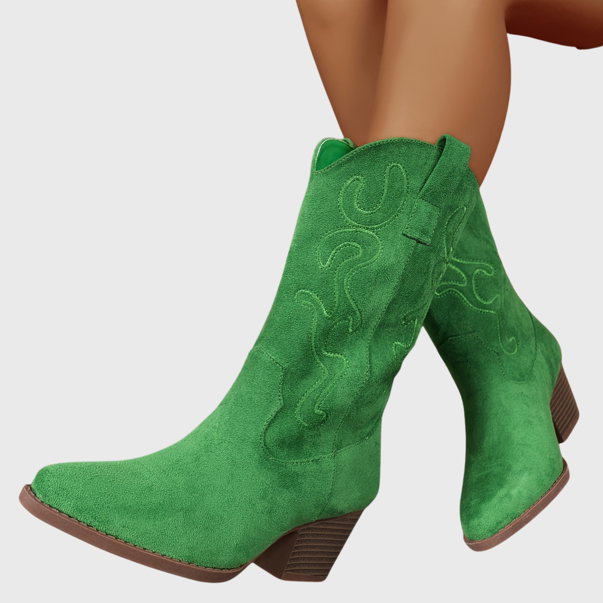 Women's Mid Calf Western Boots, Wide Shaft | Tonal Embroidery and Block Heel, Pull-On Loops | Size 5.5-10.5