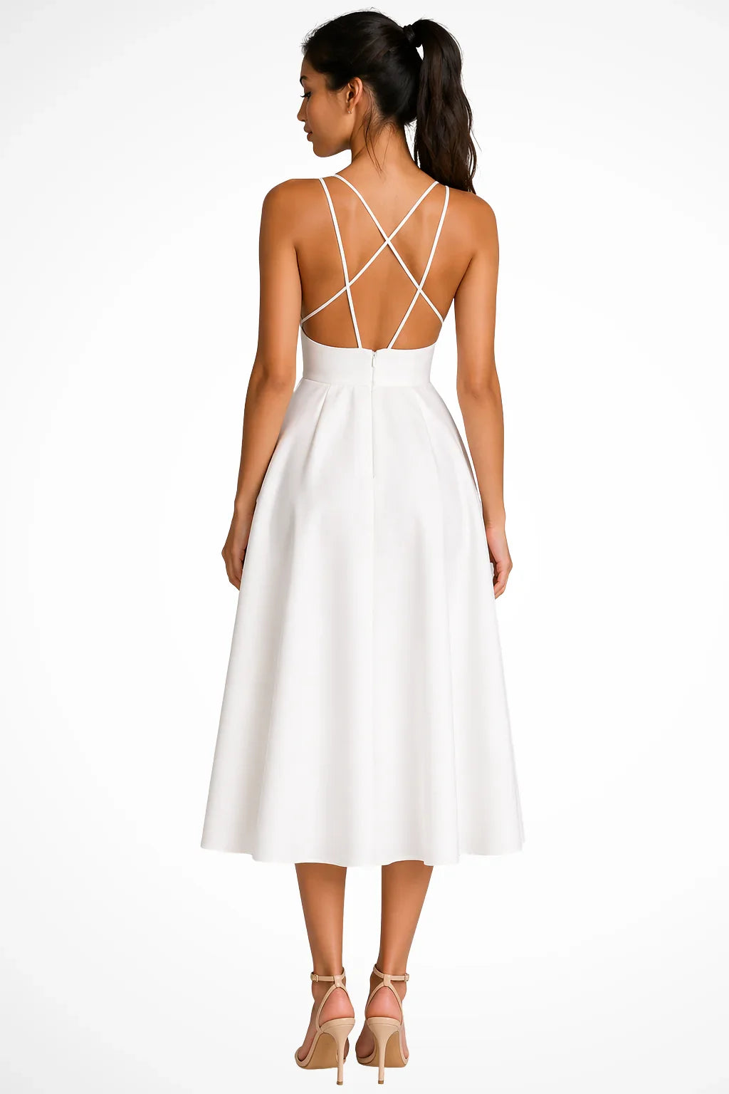 Brenda | Women's Wedding Guest A Line Midi Dress with Strappy Neckline