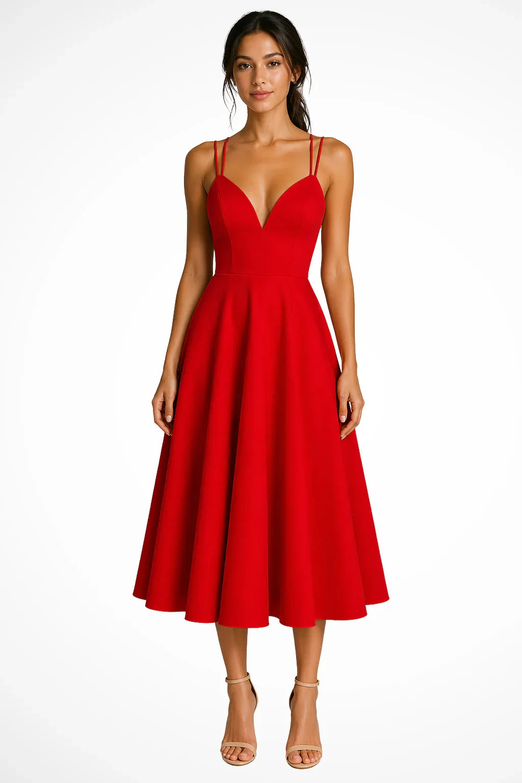 Brenda | Women's Wedding Guest A Line Midi Dress with Strappy Neckline