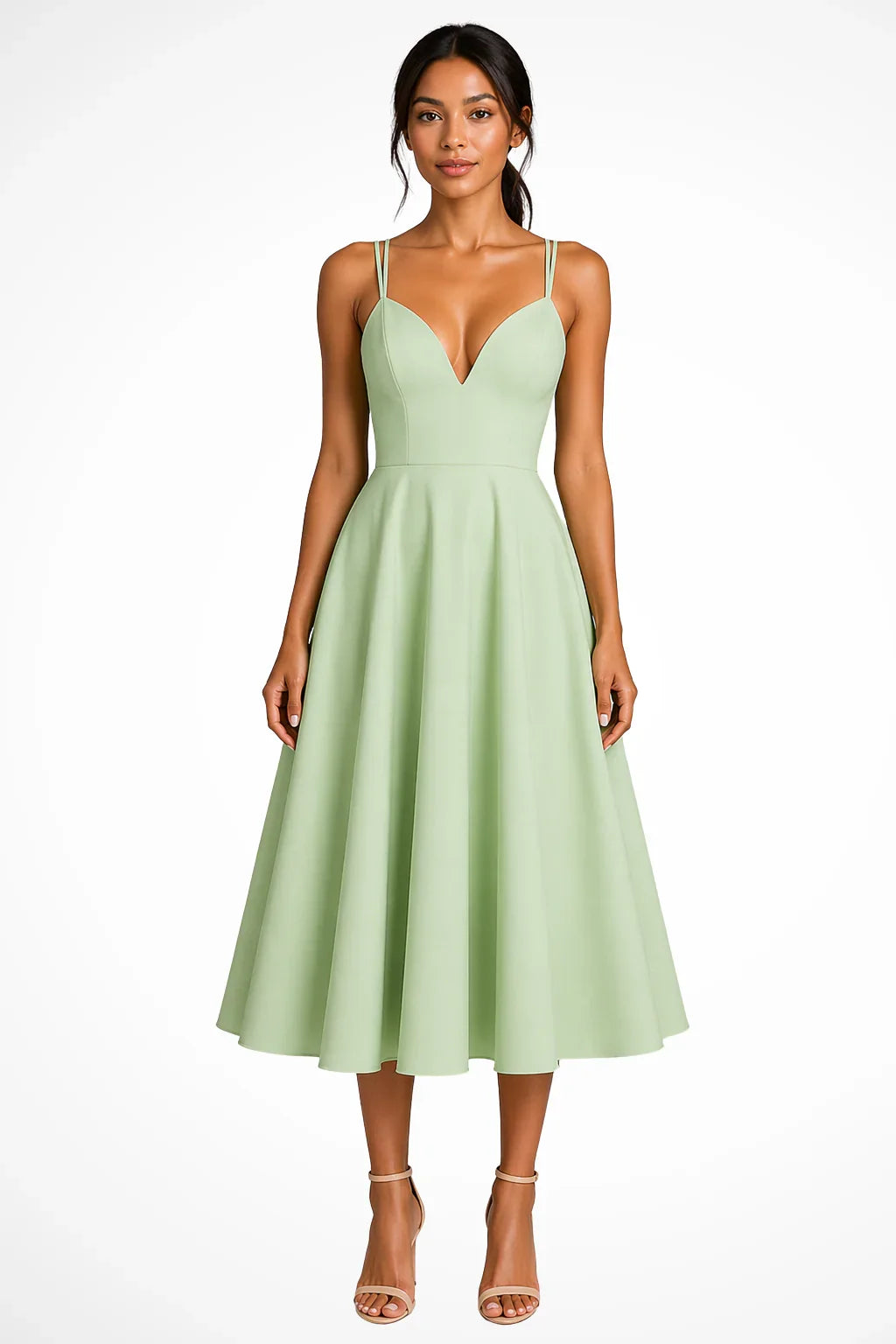 Brenda | Women's Wedding Guest A Line Midi Dress with Strappy Neckline