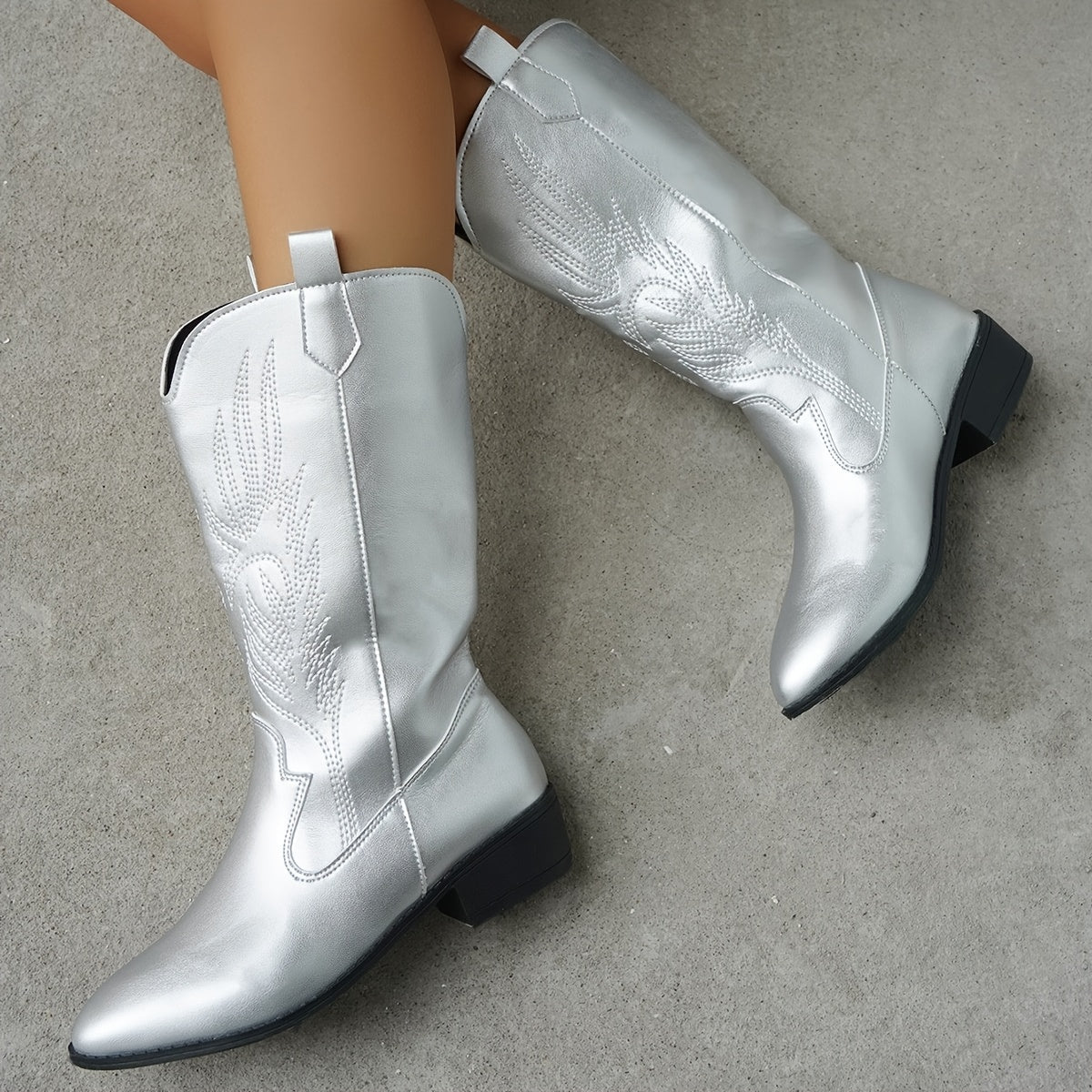 Women's Heeled Boots with Embroidery | Size 5.5-12 | Light Grey