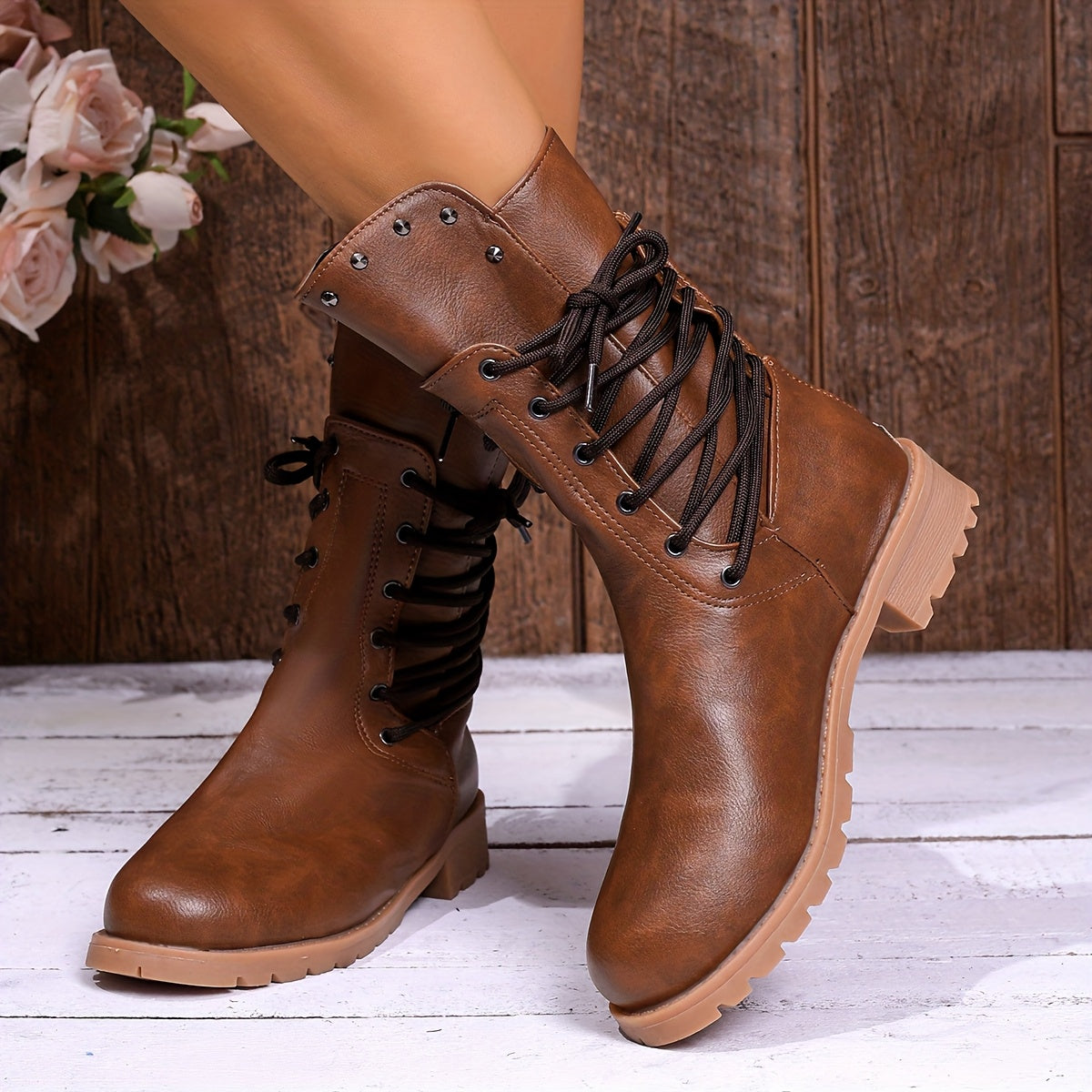 Women's Lace Up Boots with a Mid Calf Shaft | Rivet Trim, Block Heel, Soft Lined Interior | 3 Colors