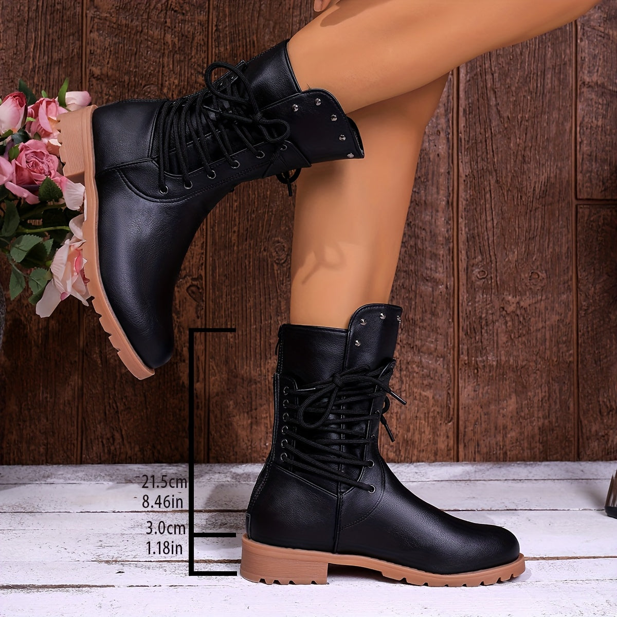 Women's Lace Up Boots with a Mid Calf Shaft | Rivet Trim, Block Heel, Soft Lined Interior | 3 Colors