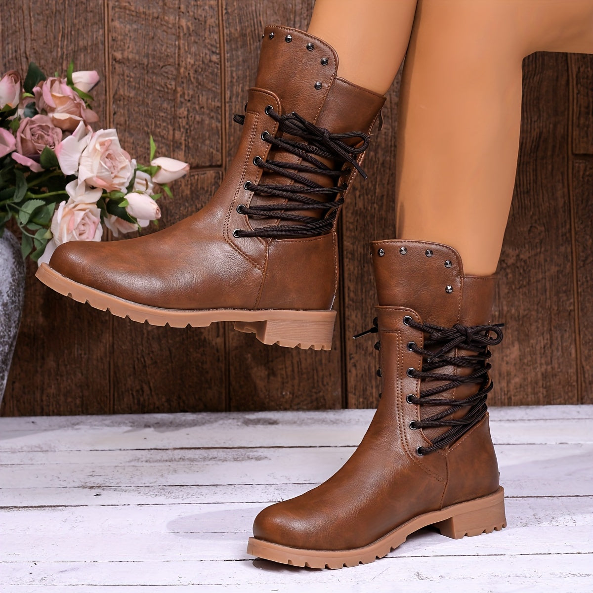 Women's Lace Up Boots with a Mid Calf Shaft | Rivet Trim, Block Heel, Soft Lined Interior | 3 Colors