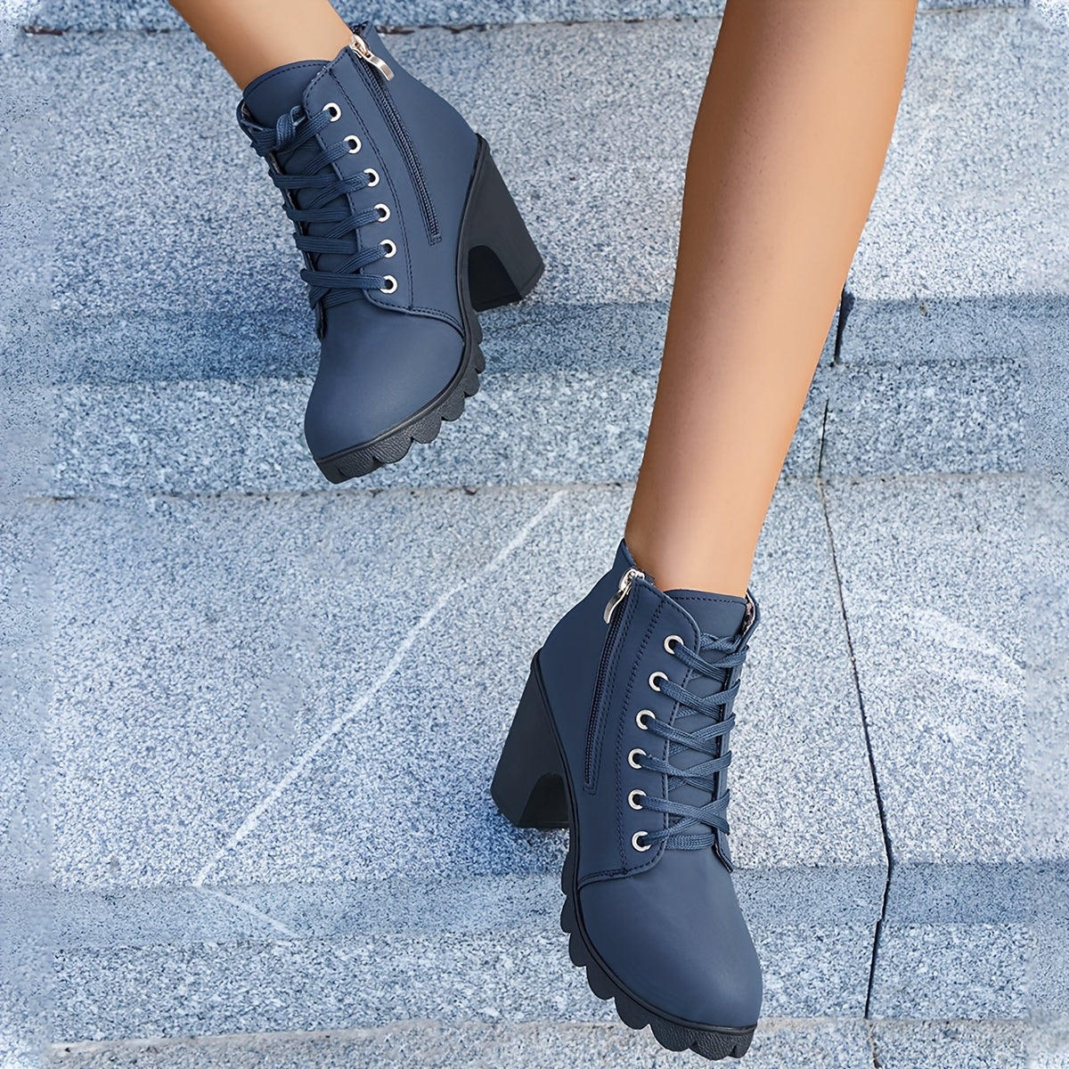 Women's Lace Up Ankle Boots with Side Zip | Chunky Block Heel, Treaded Non-Slip Sole | 5 Colors
