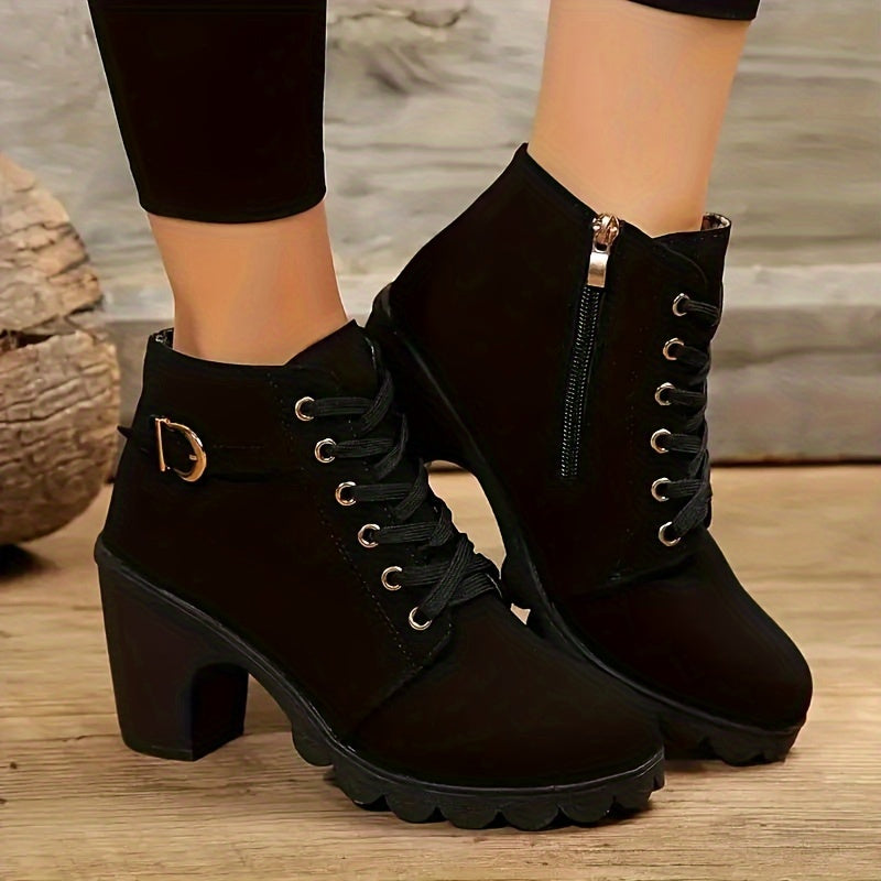 Women's Lace Up Ankle Boots with Side Zip | Chunky Block Heel, Treaded Non-Slip Sole | 5 Colors