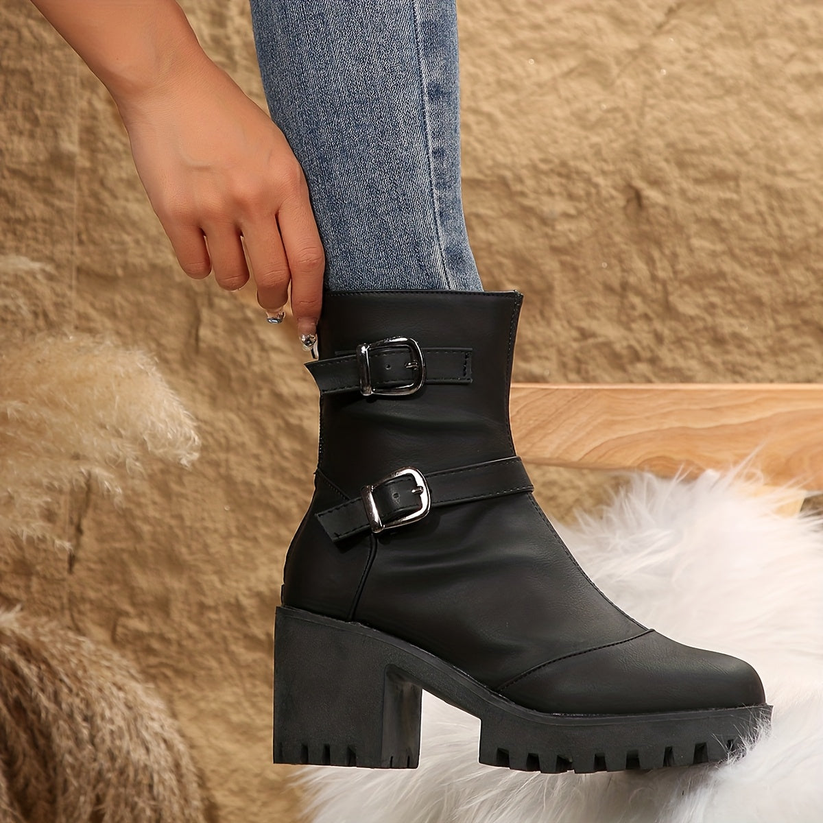 Women's Platform Ankle Boots with Block Heel | Double Adjustable Buckle, Lug Sole, Side Zip | Size 5.5-10.5
