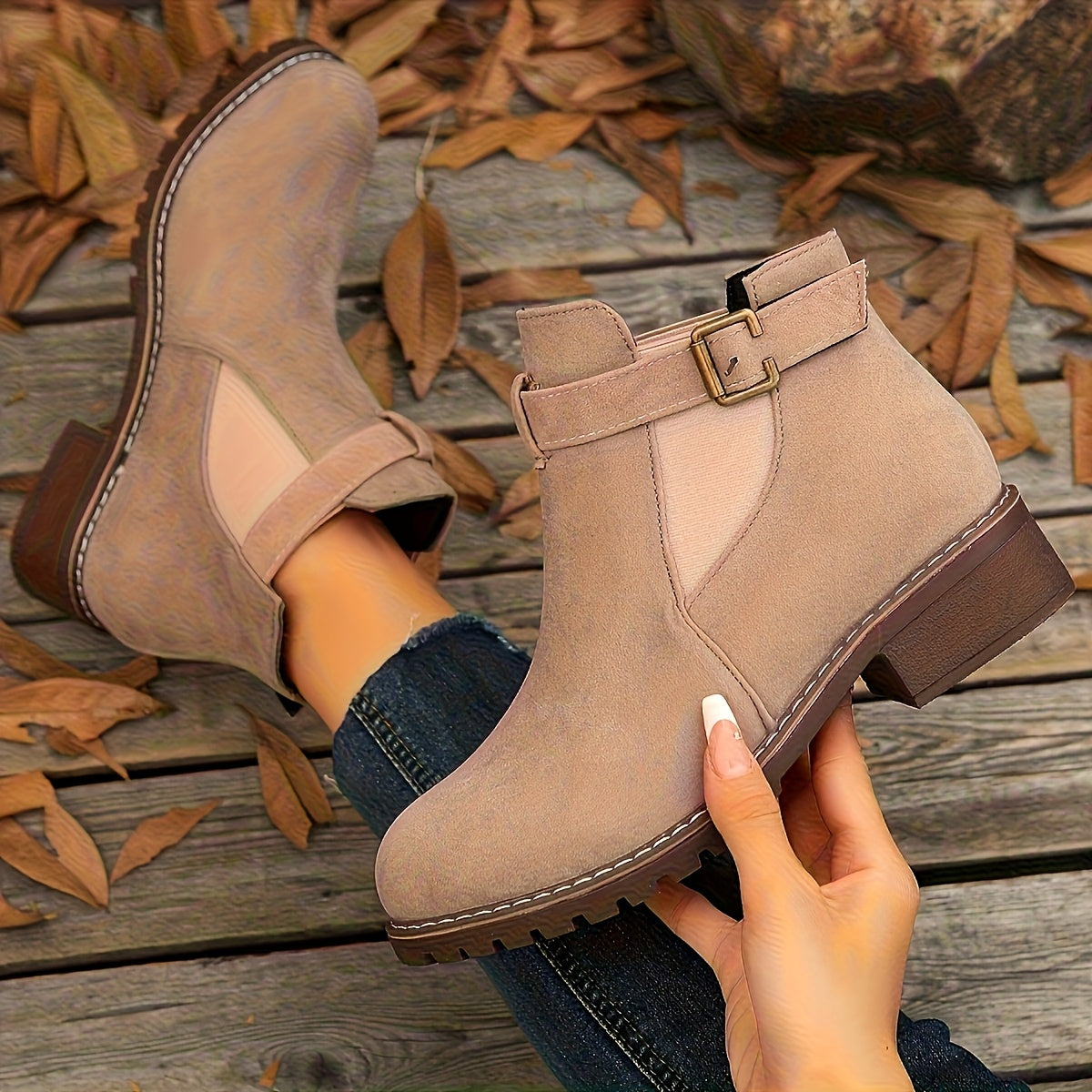 Women's Ankle Boots with Block Heel and Suede | Size 5-12 | Black, Silver Grey, Dark Brown, Light Pink