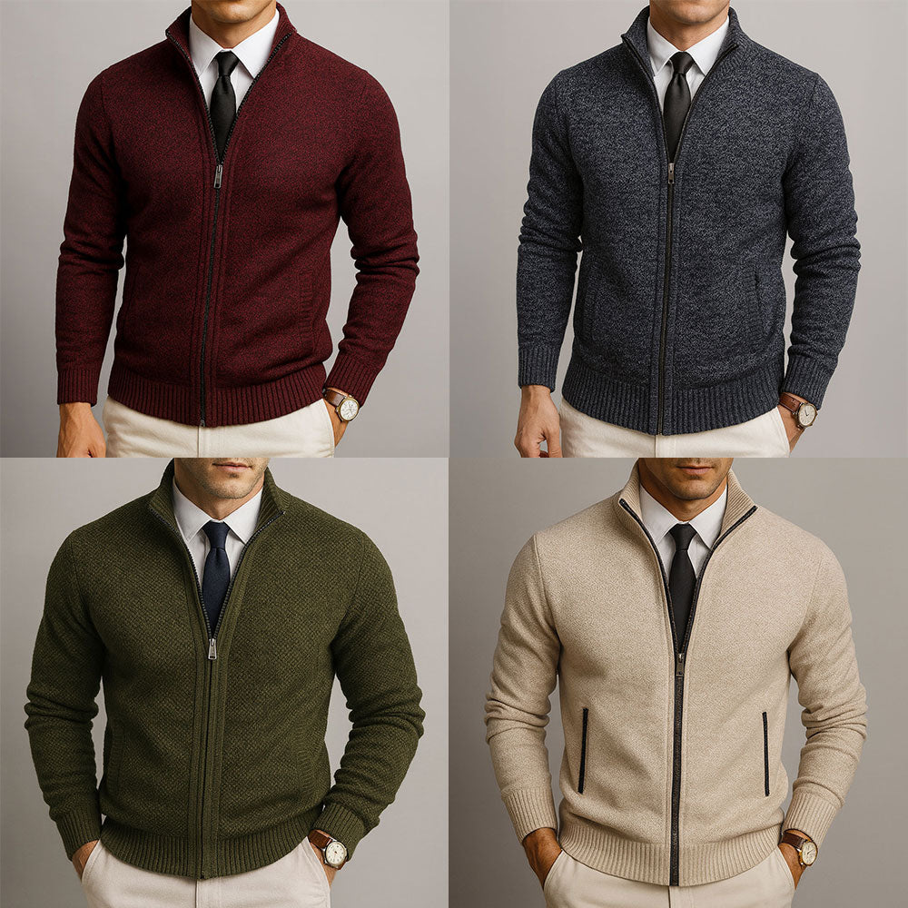 Men's Zip-Up Cardigan Sweater, Stand Collar, Long Sleeves