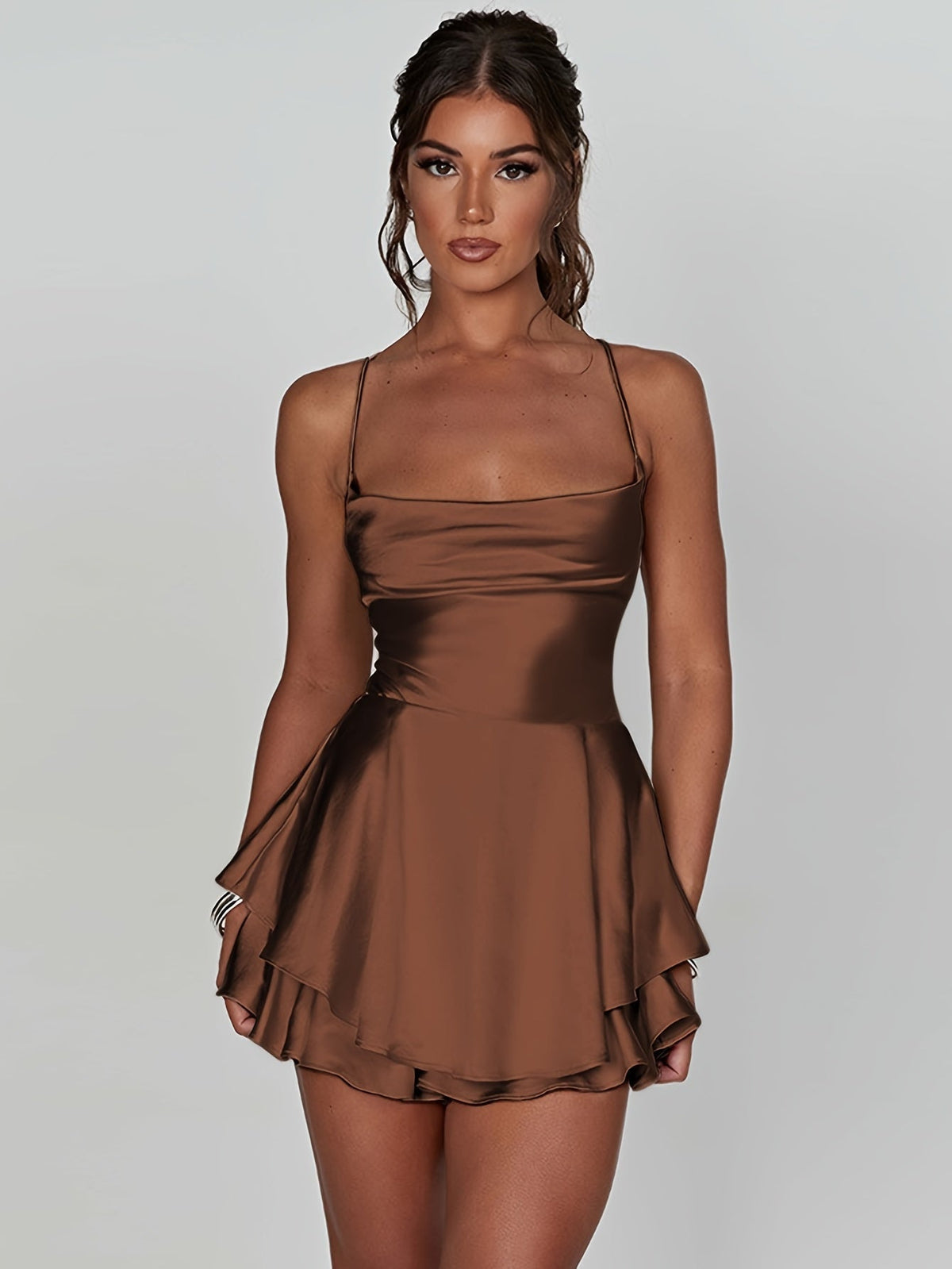 Women's Satin Mini Dress with Ruffled Skirt | Cowl Neckline, Thin Straps, Fitted Bodice | Sizes XS to XL, 10 Colors