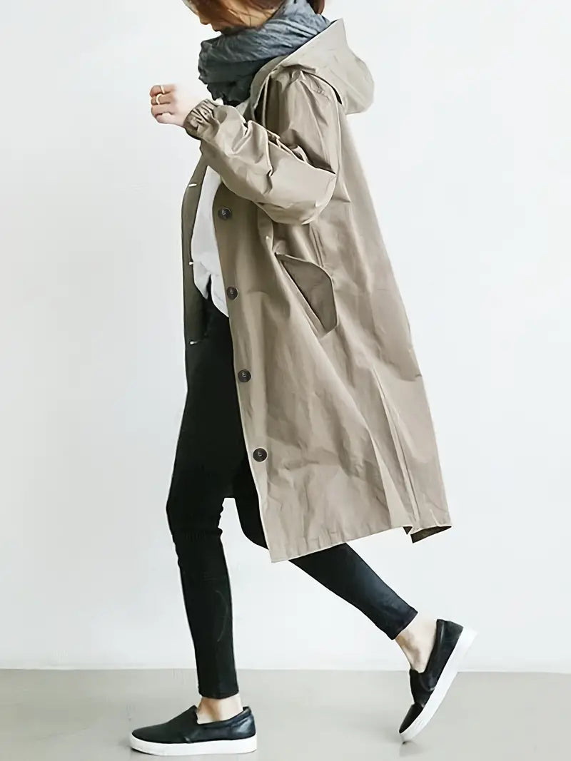 Women's Hooded Trench Coat with Drawstring Waist Tie