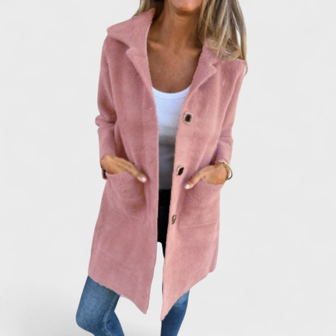 Women's Longline Button Coat, Notched Lapels, Front Pockets