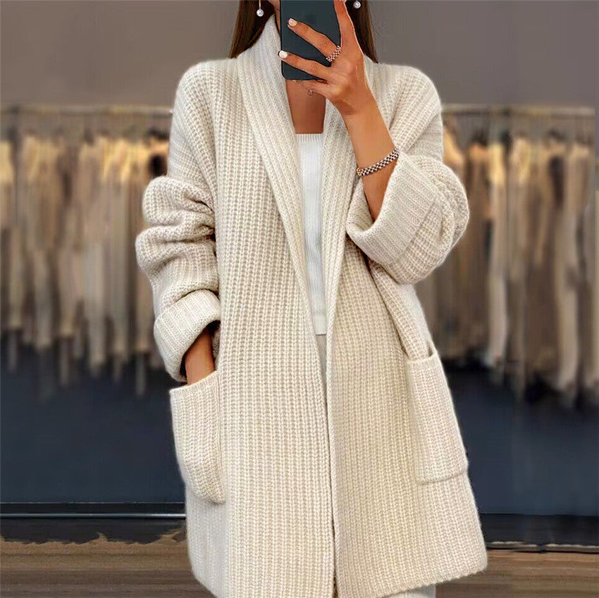 Women's Brown Cardigan with Knit and Zip Closure | Pockets, Cuffs | Size S-3XL | Cream, Brown