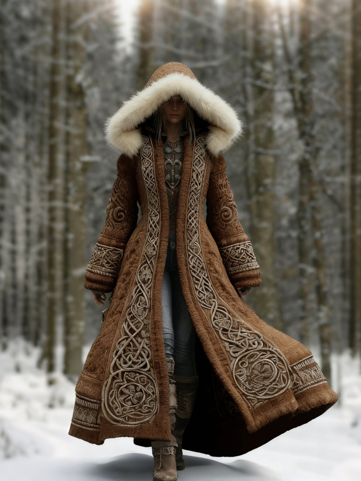Women's Hooded Embroidered Long Coat, Fur Trim