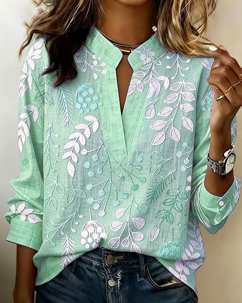 Women's Botanical Print Blouse, Notched Collar, 3/4 Sleeves