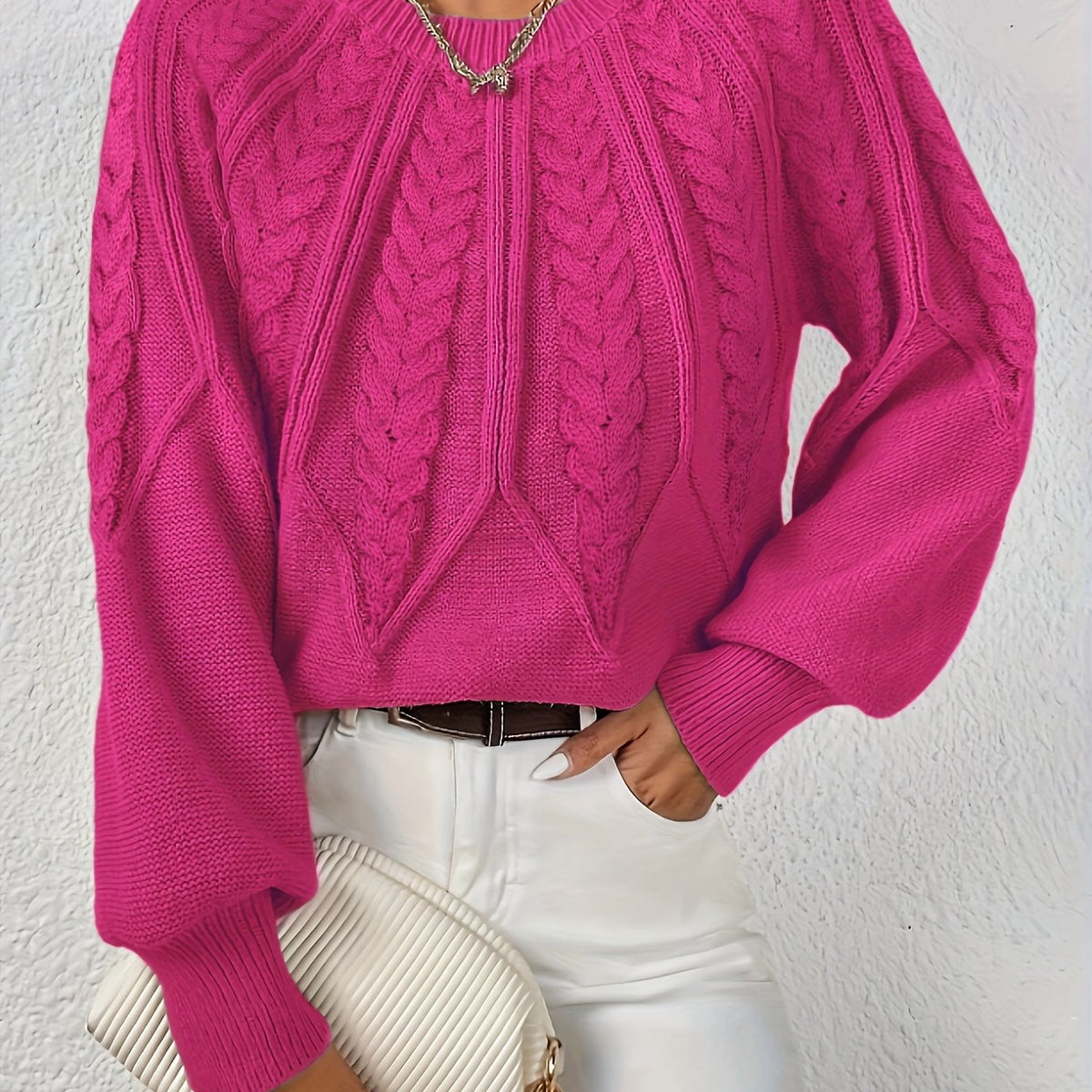 Women's Cable-Knit Pullover Sweater with Lantern Sleeves