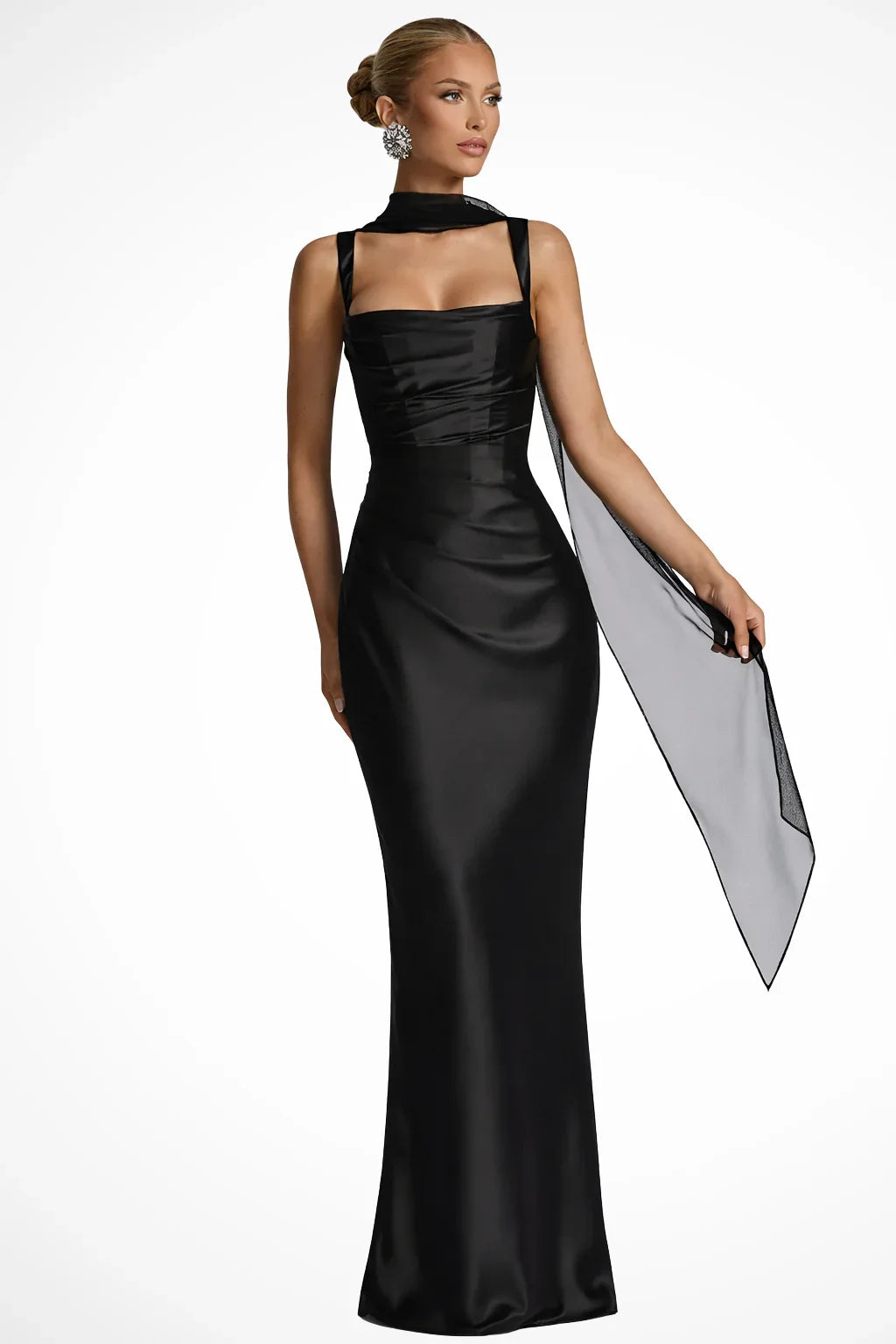 Caitlin | Women's Square Neck Lace Up Ruched Formal Wrap Maxi Dress with Back