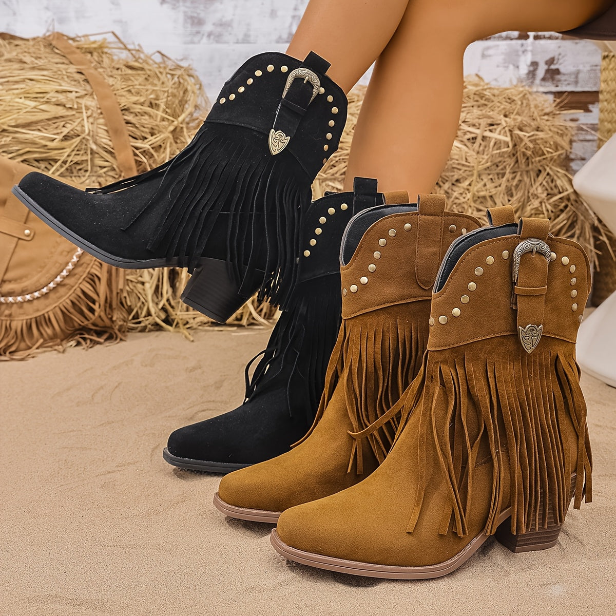 Women's Black Boots with Block Heel | Size 5.5-12 | Light Brown, Black