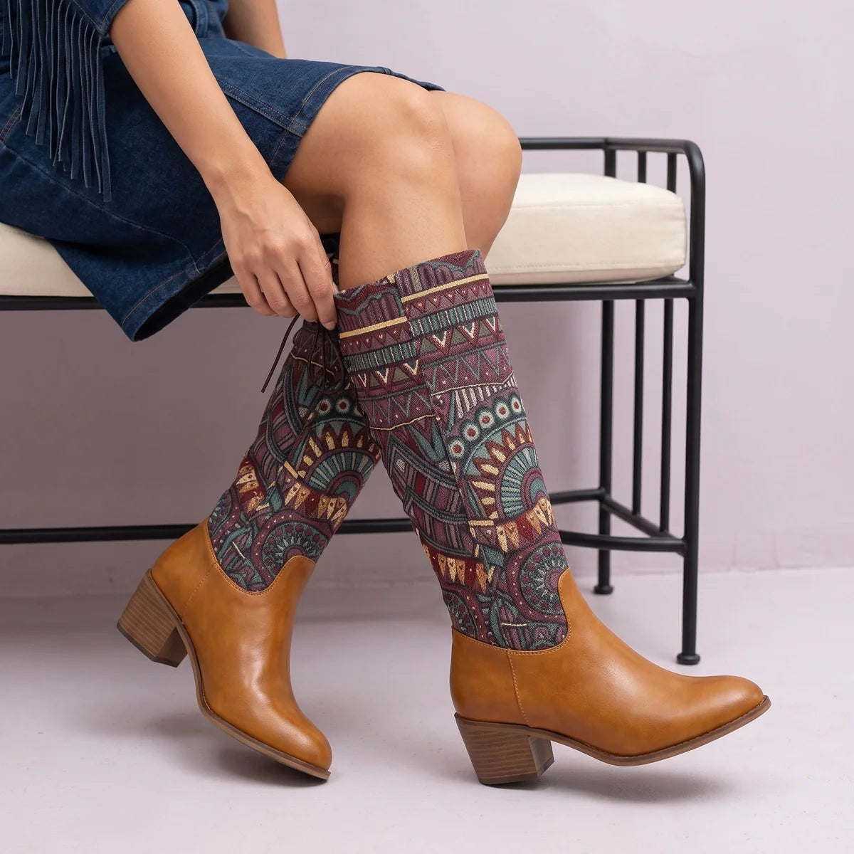 Calliope Woven Tapestry Mid Calf Western Boots