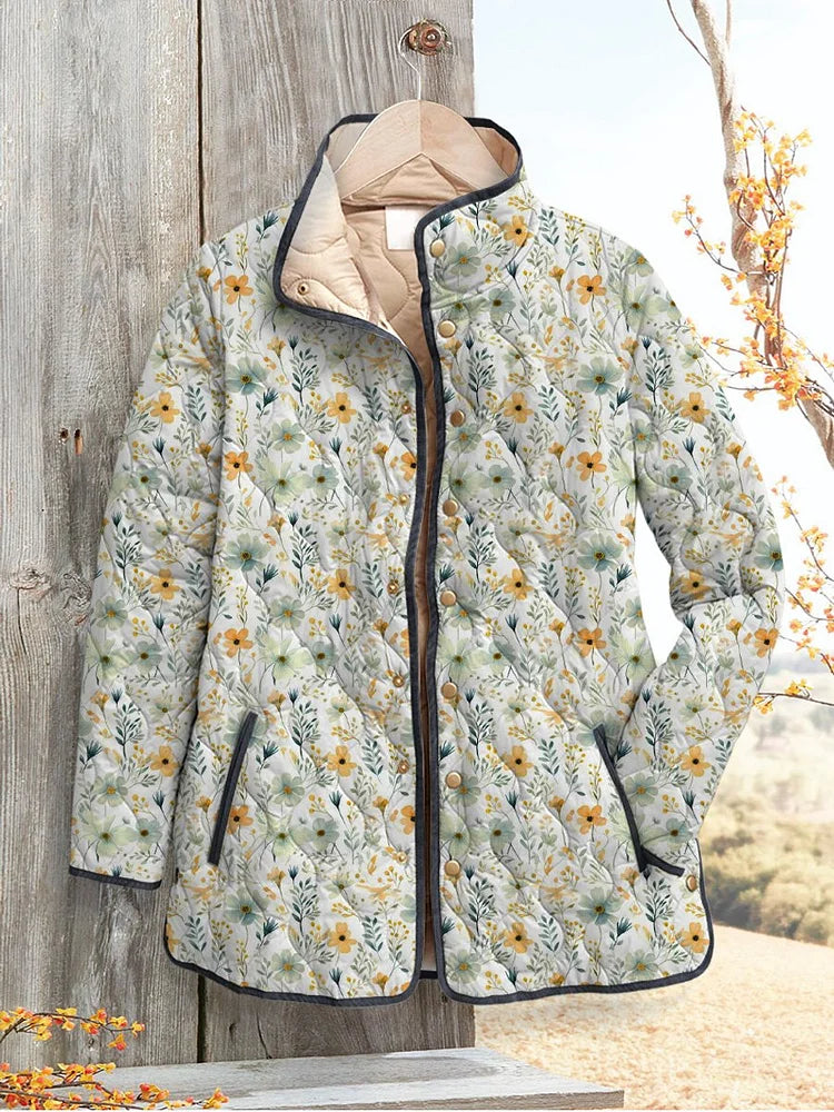 Carol | Floral Denim Jacket with Quilted Design and Snap Front