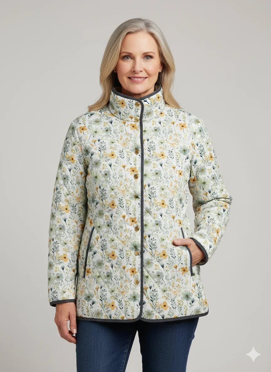 Carol | Floral Denim Jacket with Quilted Design and Snap Front