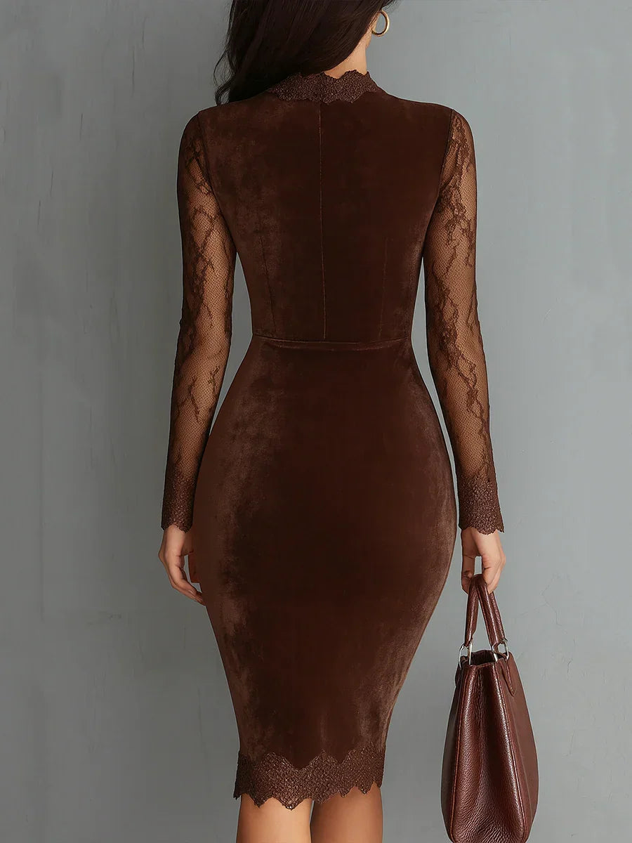 Caroline | Lace Brown Wedding Guest Midi Dress with Sleeves and Keyhole Neckline