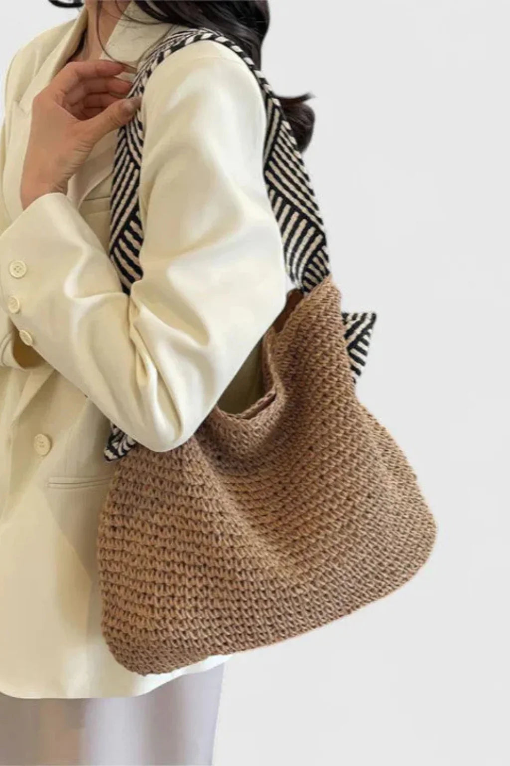 Caroline | Women's Straw Tote Shoulder Bag with Contrast Strap