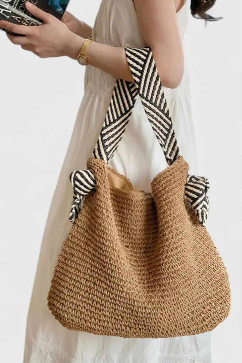 Caroline | Women's Straw Tote Shoulder Bag with Contrast Strap