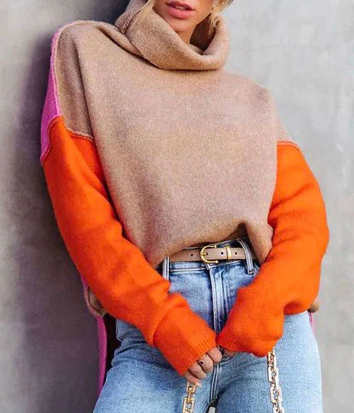 Cassandra - Women's Turtleneck Color-Block Knit Sweater