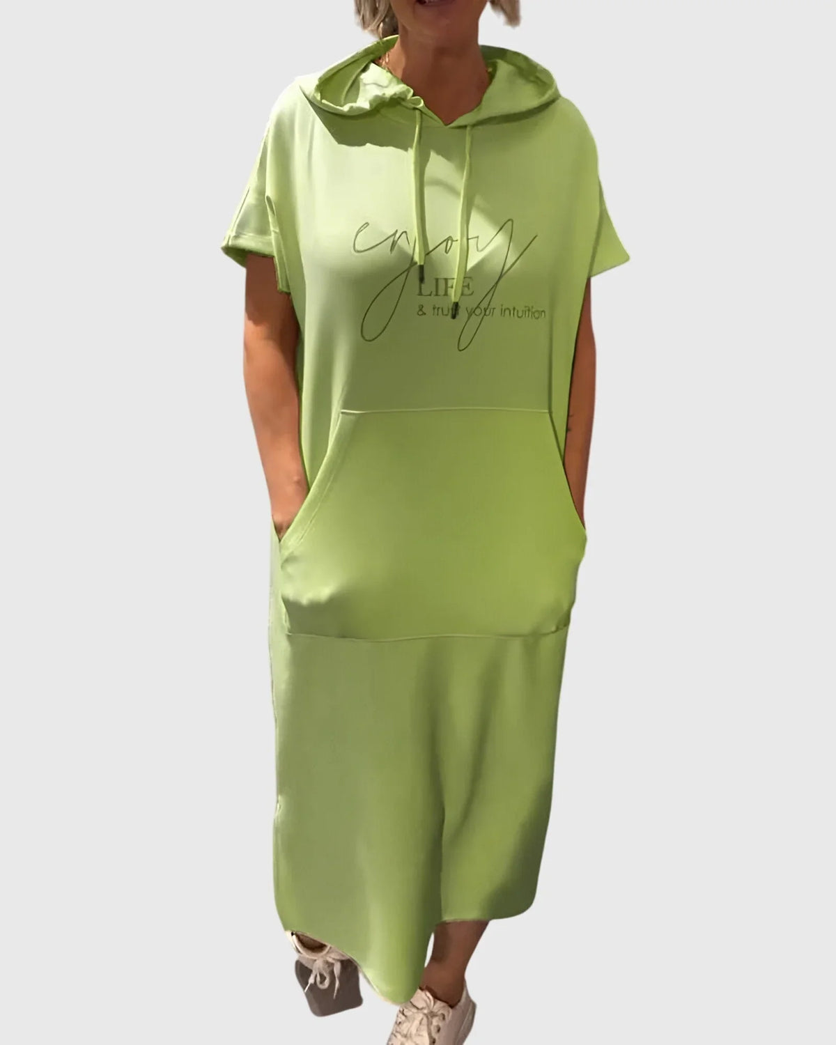 Women's cotton hooded midi dress with kangaroo pocket