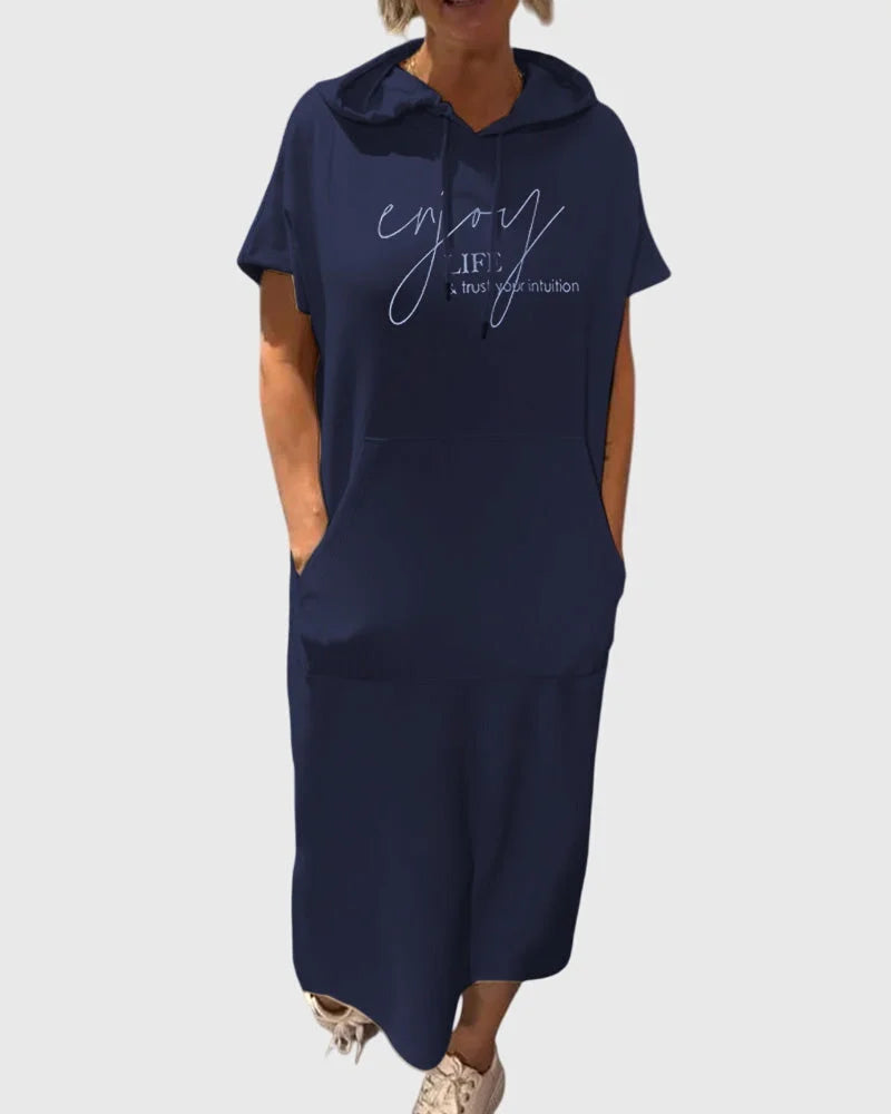 Women's cotton hooded midi dress with kangaroo pocket