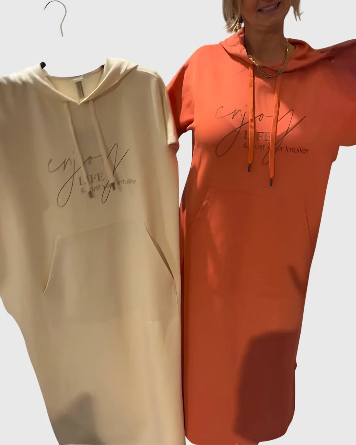 Women's cotton hooded midi dress with kangaroo pocket