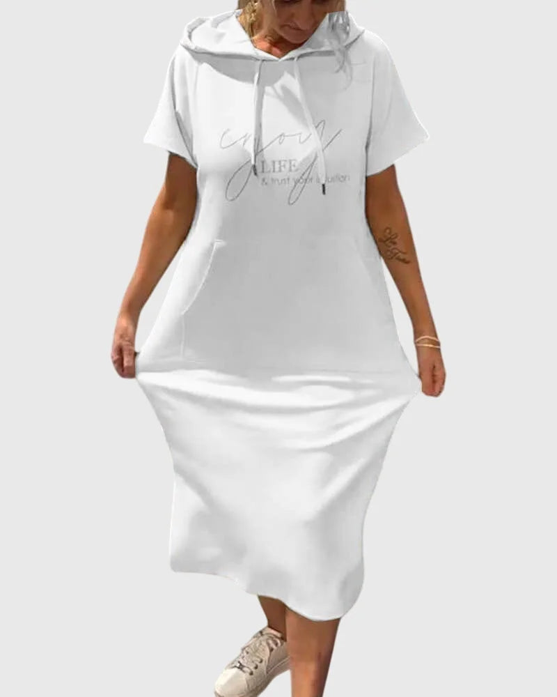 Women's cotton hooded midi dress with kangaroo pocket